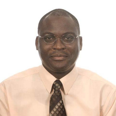 Man wearing a tan shirt and brown striped tie, in front of a white background, looks directly into the camera